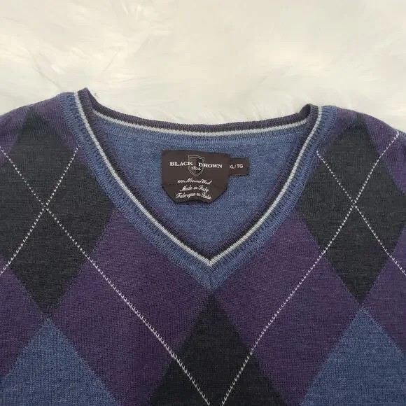 Black Brown 1826 Made in Italy 100% Merino Wool Argyle V-Neck Sweater Men XL - Picture 7 of 12